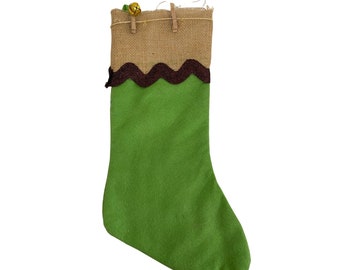 Green Burlap Christmas Stocking name clothespins