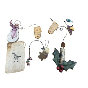 8 pc primitive assorted Christmas ornaments paint fabric wood