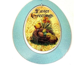 Vintage Look Easter Greetings Wall Decor Hanging Sign Glitter