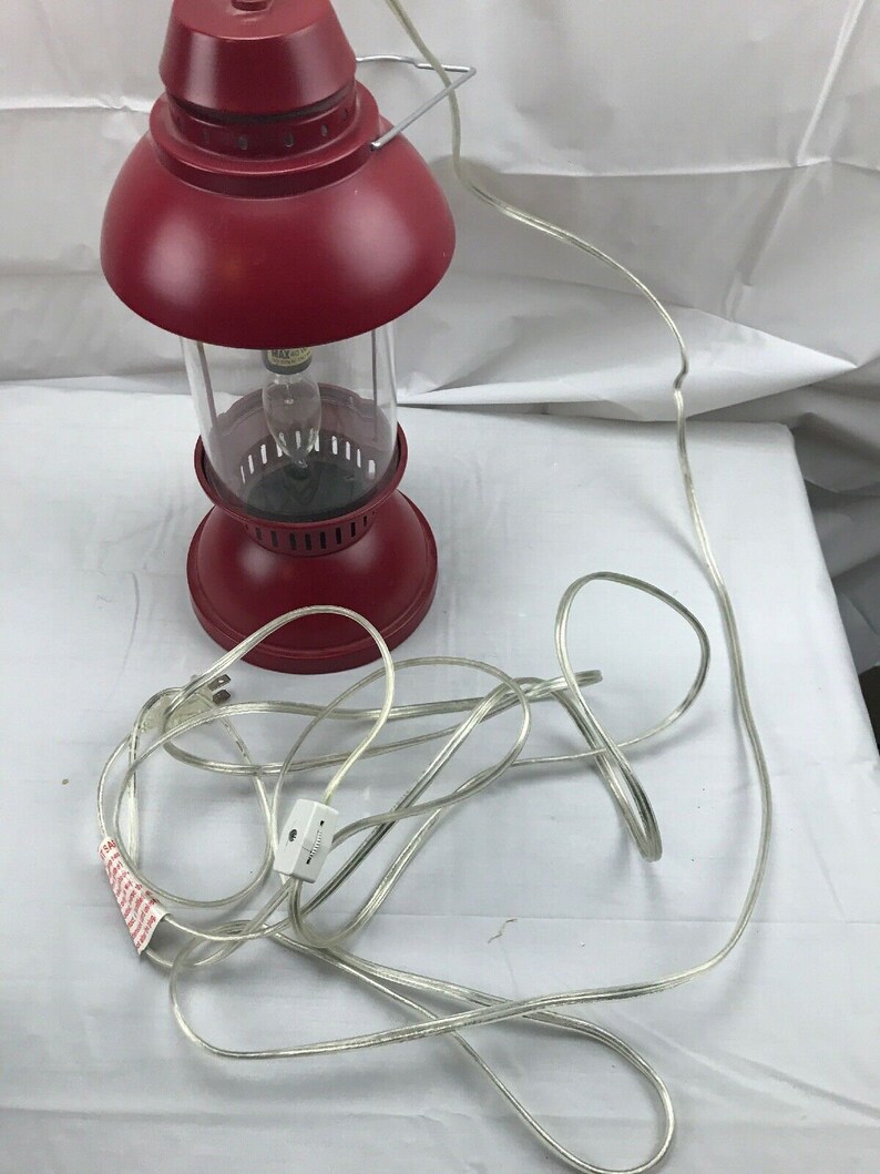 Hanging Red Metal Camping Lantern Electric Light switch onoff rustic lamp
