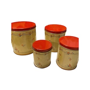 Vintage Set of 4 red floral print tin canisters photo prop