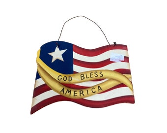 NEW God Bless America Wooden flag sign ornament