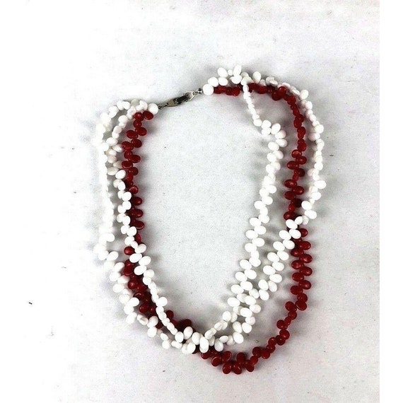 Vintage MCM Red And White Three Strand Bead Neckl… - image 1