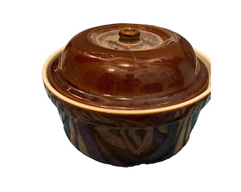 Vintage MCM brown stoneware lidded casserole dish