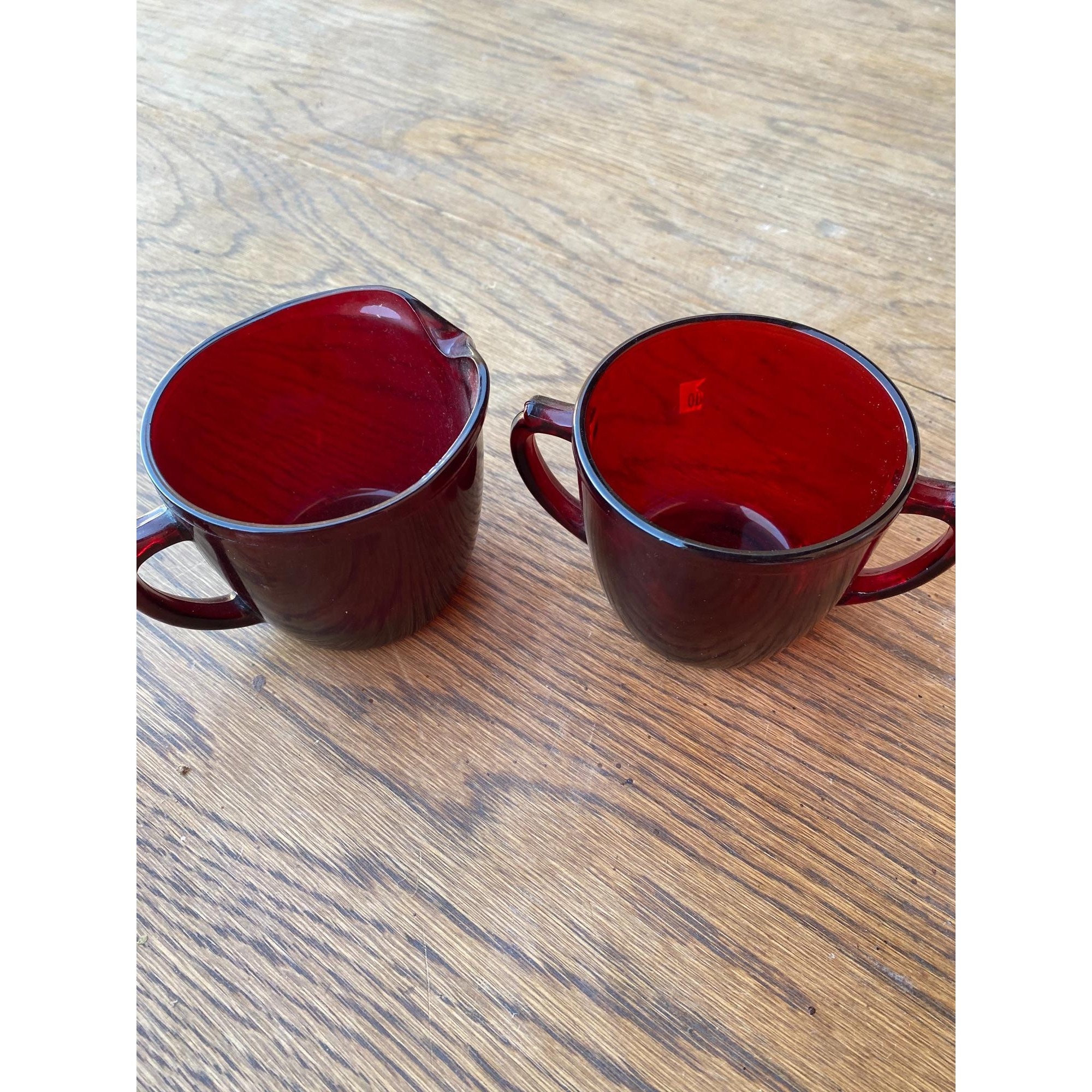 vintage red glass creamer sugar bowl tableware Christmas valentine