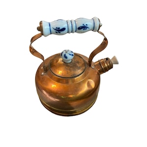 AS IS Vintage Copper tea pot kettle ceramic handle blue white