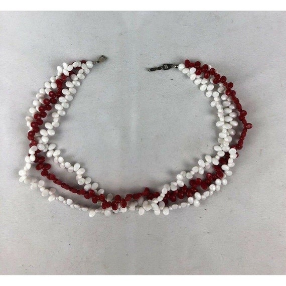 Vintage MCM Red And White Three Strand Bead Neckl… - image 2