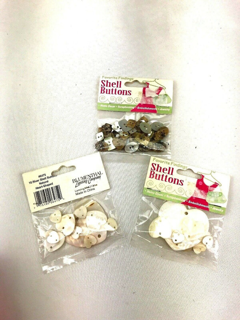 Lot of 3 White Heart Shell Buttons And Round Gray Mini Buttons NIP