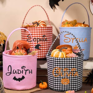 Custom Trick or Treat Bag,Personalised Halloween Bucket,Halloween Candy Bag,Embroidery Halloween Basket, Halloween Tote,Kids Halloween Gifts