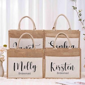 Custom Bridesmaid Gifts Bag, Personalized Burlap Tote Bag, Burlap Beach Tote Bag, Monogram Name Jute Bag, Wedding Bachelorette Party Favors