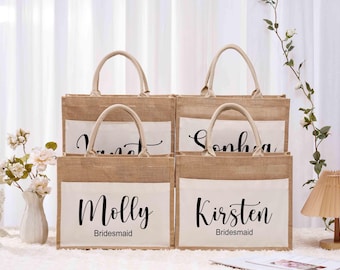 Custom Bridesmaid Gifts Bag, Personalized Burlap Tote Bag, Burlap Beach Tote Bag, Monogram Name Jute Bag, Wedding Bachelorette Party Favors