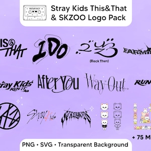 May include: A digital graphic pack featuring Stray Kids This&That and SKZOO logos in black on a light purple background. The collection includes various text designs like This&That, I DO, Farming, After You, Way Out, Run It, and Stray Kids.