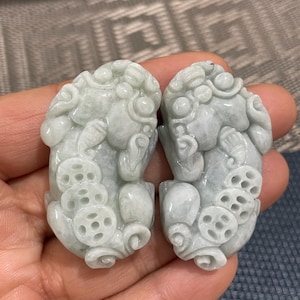 A pair Natural green jade Handcrafted Carved Feng shui pixiu  pendant Necklace Charm Exquisite Decoration gift .