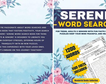 May include: A word search book titled "Serene Word Search" with floral accents. The cover features text stating it's for teens, adults, and seniors, with fun facts and calming puzzles. Includes 1200 words and 80 puzzles.