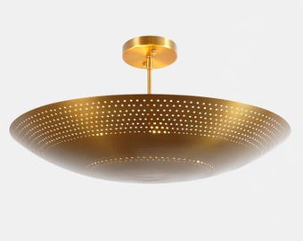 Flush Mount Pendant Light Mid Century Style Six Light Brass Perforated Raw Brass Finish Ceiling Bedroom Light Fixture