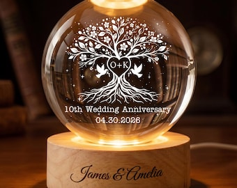 Personalized 10th Wedding Anniversary Crystal Ball Night Light, Custom Tree of Life LED Lamp, Married 10 Years Gift for Husband Wife