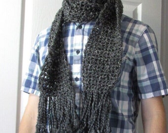 Black White Tweed Scarf 80x5 Long Goth Style Chunky Retro Warm Muffler Handmade Crochet Hand Knit Men Women Birthday Gift