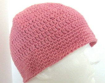 Pink Cotton Cap Short Hat Ski Snow Boarding Beanie Handmade Crochet Hand Knit Warm Unique Torque, Soft, Womens Birthday Gift, Size M