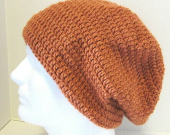 Butterscotch Slouchy, In The Woods Hat, Big Hair Cap, Hunter Rasta Beanie, 12" long, Mens Womens Handmade Crochet Knit, Dreadlocks, Size M