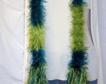 Extra Long Green Boa 120 Inch Fluffy Scarf Men Women Turquoise, Lime, Irish, Crochet knit, OOAK Unique, Dress Up or for a Birthday Gift