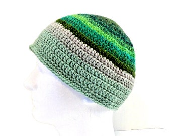 Handmade Crochet Skull Cap Striped Green Forest Woods Hat Hand Knit New Birthday Gift Made in the USA OS