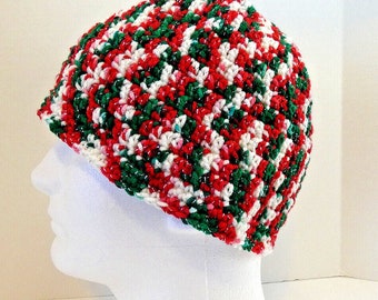 New Hand Knit Skull Cap Red Green Silver Hat Unisex Handmade Crochet Gift for Men or Women Mom or Dad Sparkly OS