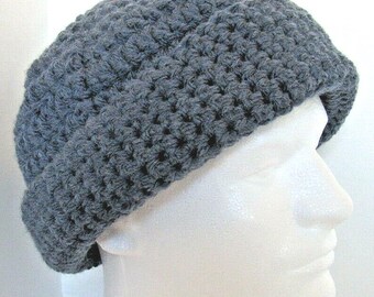 Berretto grigio largo da 25 cm arrotolabile, in maglia grossa di lana acrilica all'uncinetto, nuovo con etichette.