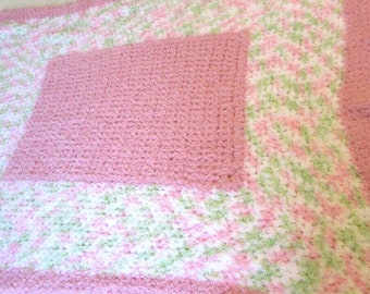 Girls Pink Chenille Baby Blanket 47 x 53 Handmade Crochet Knit Afghan Throw Fluffy Soft Warm Crib Bassinet Toddler Bed size Shower Gift