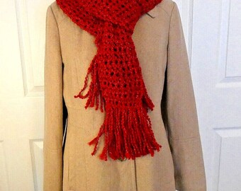 Red & Gold Scarf 90x5 Extra Long Handmade Crochet Hand Knit Retro Metallic Gorgeous Festive Bombshell Unisex Men Women Birthday Gift NWT