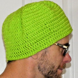 Neon Green Beanie Adult M/L Skull Cap Men Women Birthday Gift Handmade Crochet Hand Knit Unique Hat Great for Wearing at Night-Stand Out NWT