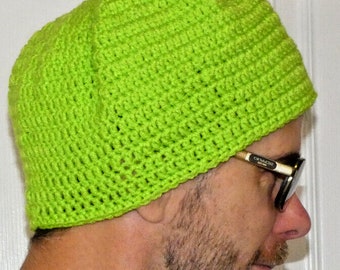 Neon Green Beanie Loose Skull Cap Men Women Birthday Fathers Day Mothers Day Gift Handmade Crochet Hand Knit Adult Hat Size M/L