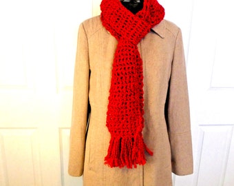 Bright Red Scarf 92x5 Extra Long Handmade Crochet Hand Knit Retro Wrap Colorful Unisex NWT