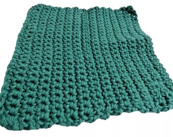Dark Green Wash Cloth Natural Cotton Face or Kitchen Towel 8x7.5 inches Reusable Natural Hand Knit Organic Crochet Adult Baby NWT
