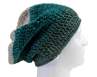 Stripe Slouch Green Gray Cap Forest Wood Hat Handmade Crochet Hand Knit New Birthday Gift Made in the USA New OS