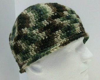 Camouflage Beanie, Camo Hat, Handmade Crochet Hand knit, Warm Cap, Hunting, Fighting, Man Woman Unique Birthday Father Gift Size Large