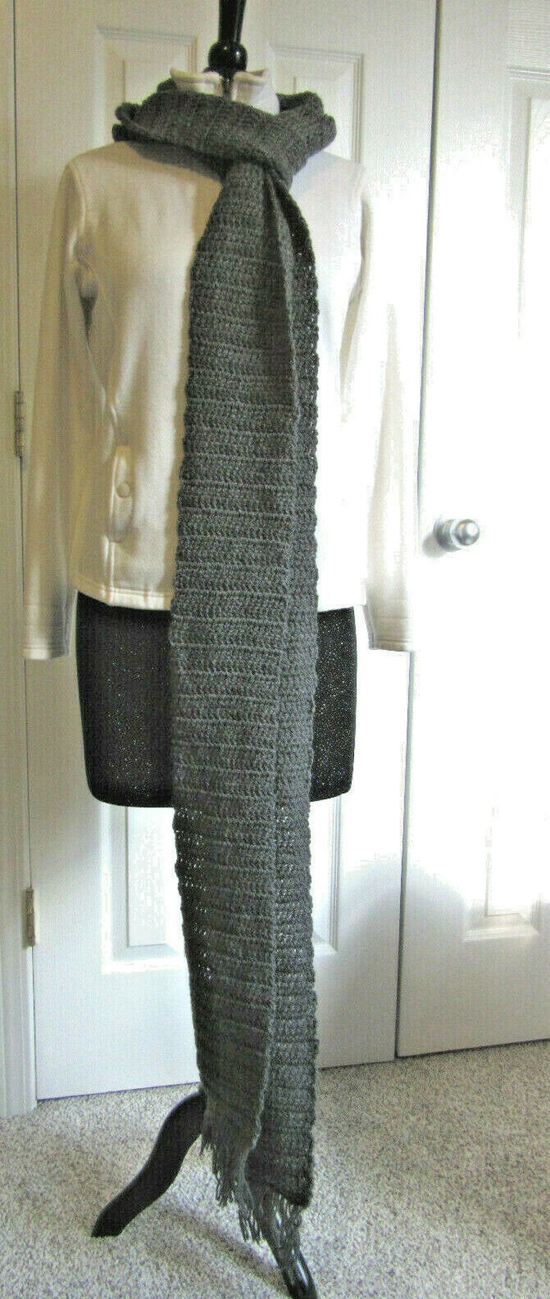 Gray Wool Scarf 138 x 5 Inch Super Extra Long Handmade Crochet Hand Knit OOAK Men Women Neckwarmer Wrap Around Birthday Fathers Day Gift image 2