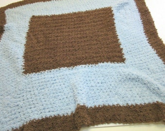 Baby Chenille Blanket 41x47 Brown and Blue Handmade Crochet knit Boys Afghan Crib size