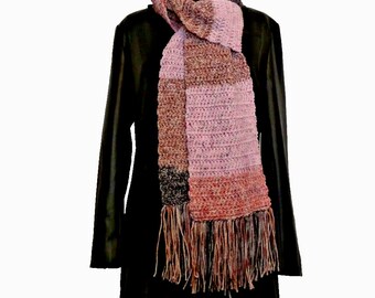 Pink Black Scarf 108" x 7" Extra Long Handmade Crochet Hand Knit Winter Muffler or Cowl Men Women Birthday Mothers Day Gift Unique Wrap