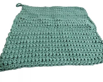 Green Wash Cloth Natural Cotton Face or Kitchen Towel 10x9 inches Reusable Natural Handmade Hand Knit Crochet Bathroom Makeup Removing NWT
