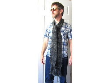 Black Tweed Scarf 88x5 inch Xtra Long Goth Chunky Retro Muffler Handmade Crochet Knit Men Women for Birthday Gift Warm Soft Ski Snow Board