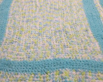 Chenille Blanket Baby Boy 48x48 Inch Handmade Crochet Knit Infant Throw or Lap Robe Afghan Fluffy Soft Warm Crib Bassinet Baby Shower Gift