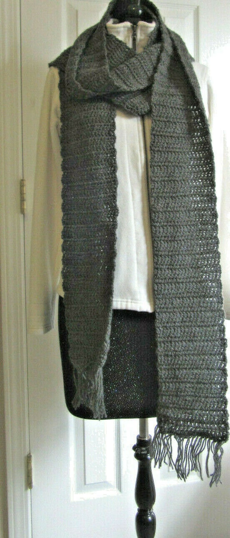 Gray Wool Scarf 138 x 5 Inch Super Extra Long Handmade Crochet Hand Knit OOAK Men Women Neckwarmer Wrap Around Birthday Fathers Day Gift image 1