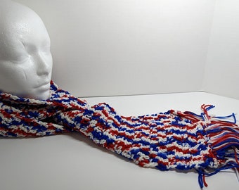 Écharpe rouge blanc bleu 79 x 5 surdimensionné long silencieux épais fait main au crochet en tricot patriotique cache-cou est chaud pour homme femme cadeau d'anniversaire