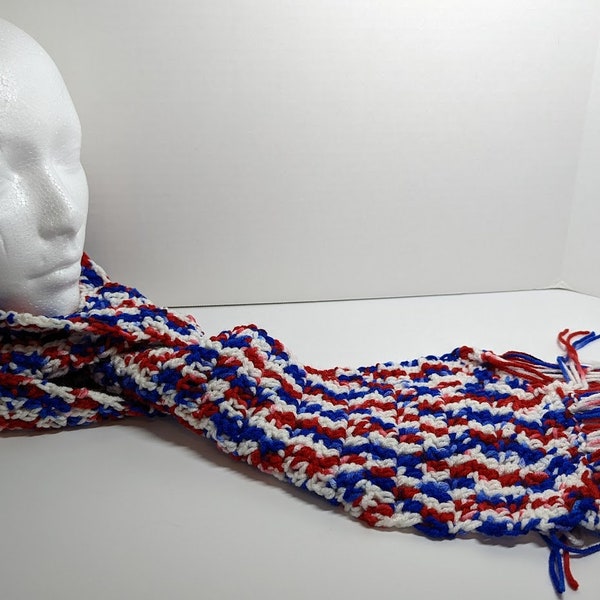 Red White Blue Scarf 79x5 Oversize Long Muffler Chunky Handmade Crochet Knit Patriotic Neckwarmer is Warm for Men Women Birthday Gift
