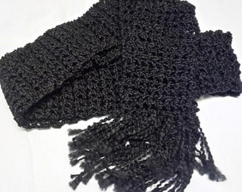 Écharpe noire 81 x 5 Goth grosse main au crochet tricoté homme femme chaud anniversaire unique fête des pères cadeau fête des mères Visual Kei NWT