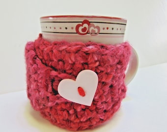 Pink Coffee Mug Cozy Keep It Hot Cover Heart Button Gift for Girlfriend/Mom/Grandmother Cup Sleeve Crochet Cozi Tea Drink NWT