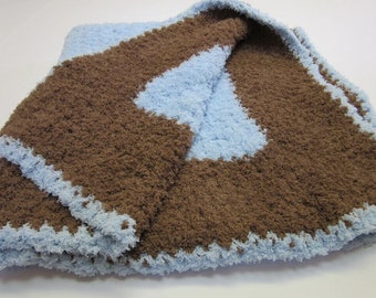 Chenille Baby Blanket Boys Girls 41x42 Brown Blue Handmade Crochet Knit Infant Afghan Fluffy Soft Warm Crib Bassinet Size Baby Shower Gift