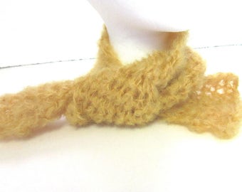 Gold Mohair Wool Scarf, 30x5, Short, Soft, Crochet knit, Fluffy Cowl, Thick, Tuck Under Your Coat, Mens Womans Collar Wrap