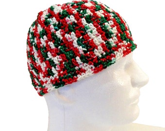 Colorful Skull Cap Red Green Silver Retro Hat Unisex Hat Handmade Crochet Hand Knit Sparkly OS