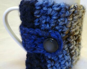 Multi color Mug Cozi, Insulated Coffee Tea Cup Cover, Handmade Crochet knit, Adjustable Button Close, Hot Cold Sweater Gift